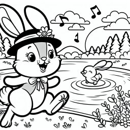 Hoppelnder Hasenspaß - Hase hüpft, Frühlingstag genießen, fröhlicher Abenddämmerungstanz, Blume im Hut, glückliches Kaninchenleben