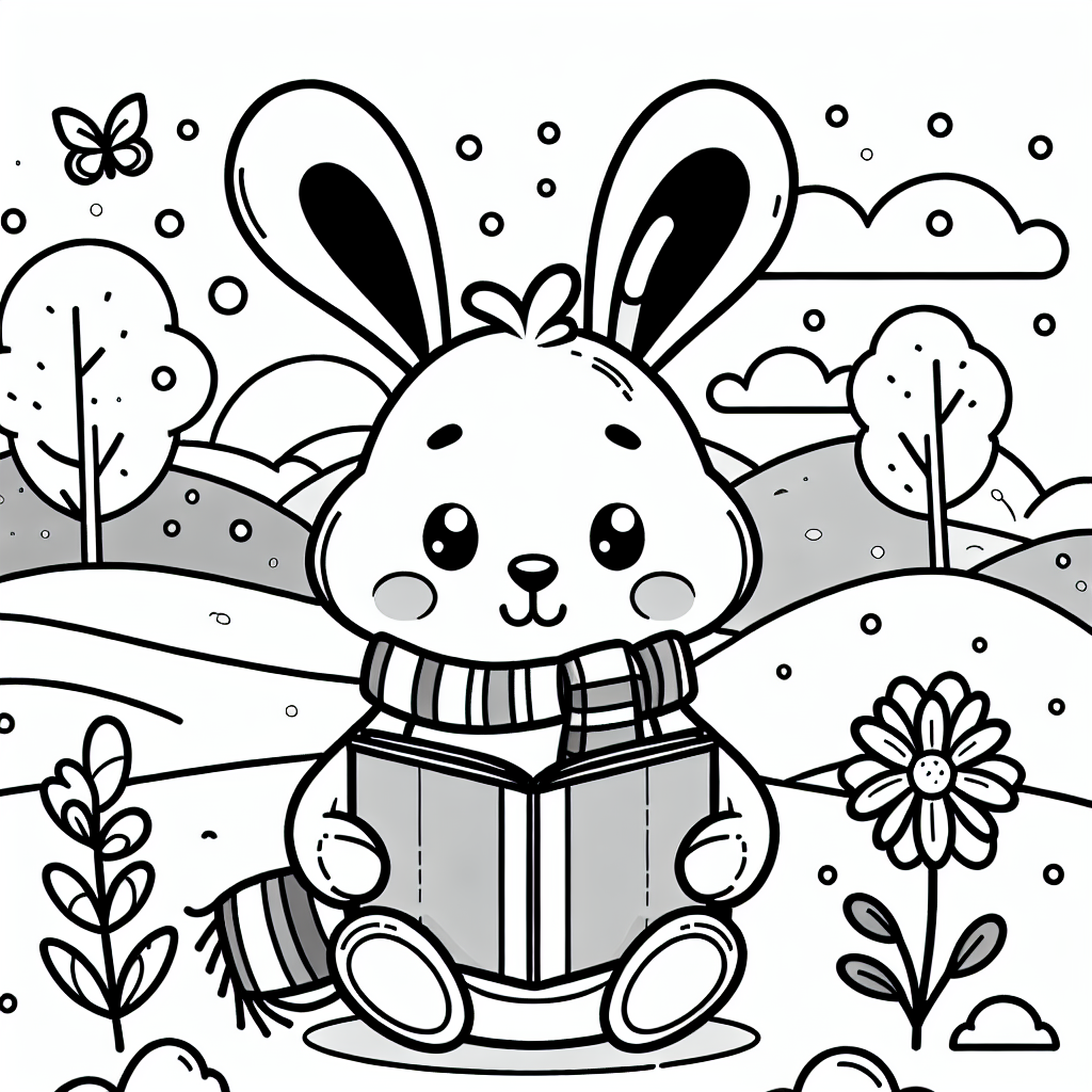 Freundlicher Hase liest fröhlich - Hase, Wintermorgen, Hügel, Ausmalbild, Flügelohren, Blumenfeld