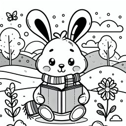 Freundlicher Hase liest fröhlich - Hase, Wintermorgen, Hügel, Ausmalbild, Flügelohren, Blumenfeld