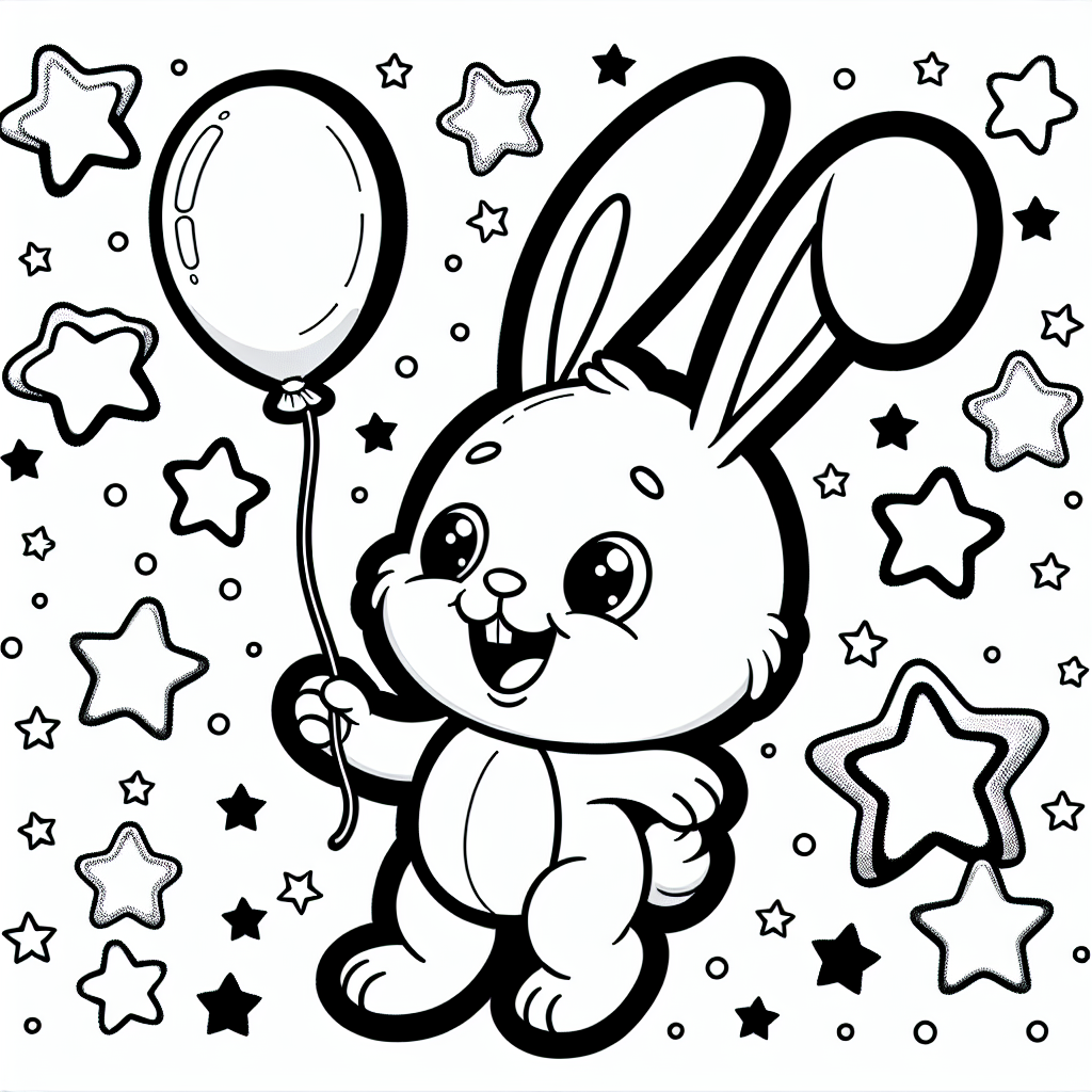 Aufgeregter Ballonhase - Tags: Hase, Ausmalbild, Ballon, Sterne, Kinderkunst