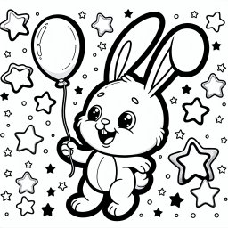 Aufgeregter Ballonhase - Tags: Hase, Ausmalbild, Ballon, Sterne, Kinderkunst
