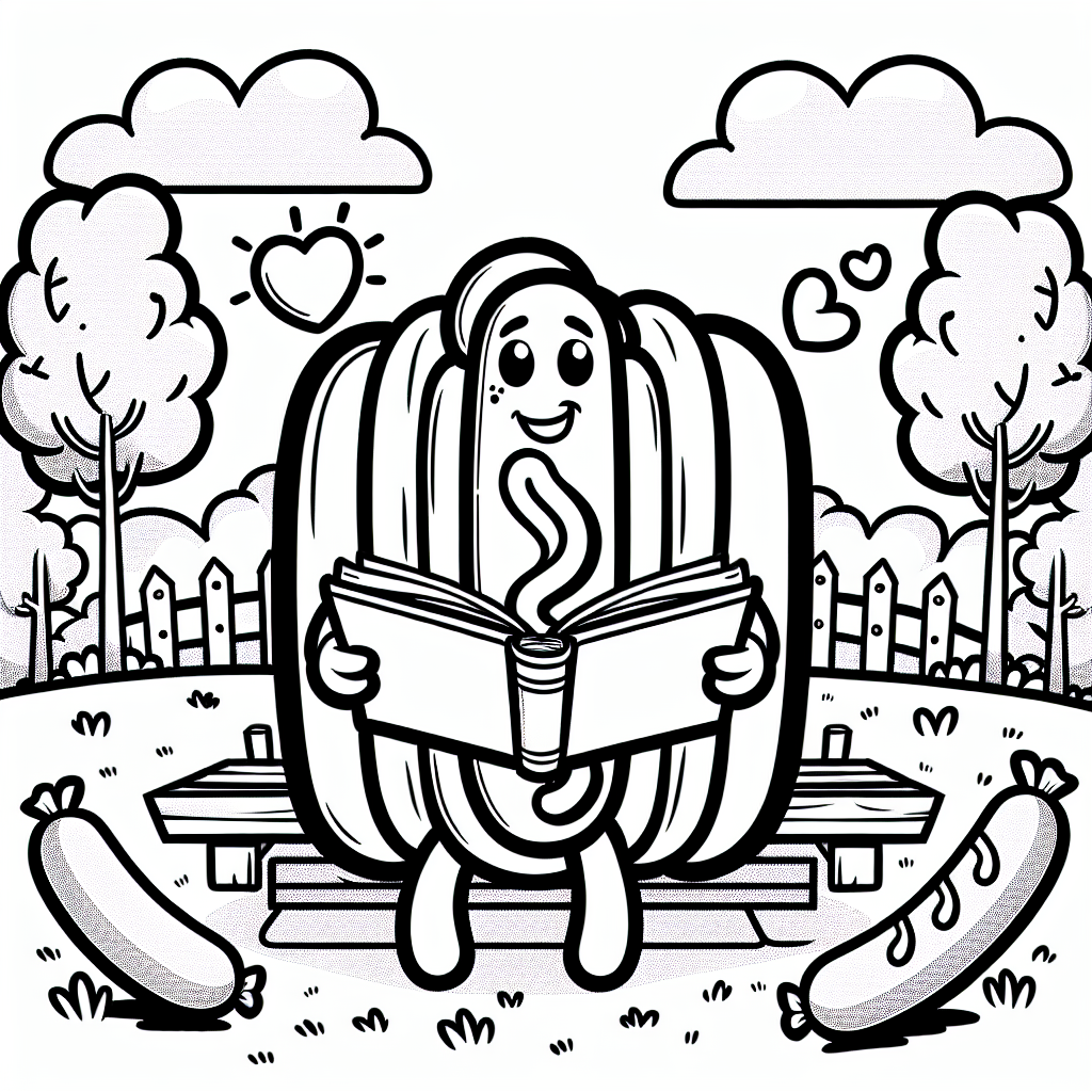 Fröhlicher Hotdog-Tagtraum - Hotdog, Lesen im Park, Frühlingserwachen, Ausmalspaß, Würstchenfreunde