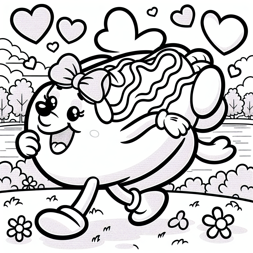 Fröhlicher Hotdog am See - Ausmalbild, Herbstlandschaft, Hotdog Abenteuer, Fröhliches Motiv, Kreatives Ausmalen