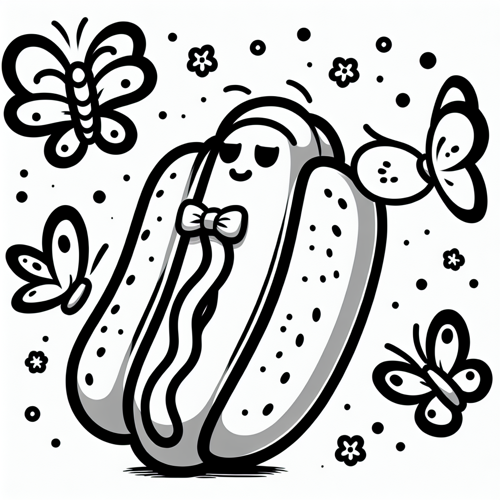 Um dieses niedliche Hotdog-Bild besonders schön zu gestalten, beginne mit der Wahl lebendiger Farben für den Hotdog selbst. Verwende ein warmes Braun für das Brötchen, das ihm eine knusprige Optik verleiht. Für die Wurst kannst du ein sattes Rot oder Orange verwenden, um den Eindruck eines frisch gegrillten Hotdogs zu erzeugen. Die Fliege des Hotdogs könnte in einem kontrastierenden Blau oder Grün gestaltet werden, um einen fröhlichen Akzent zu setzen.
Die Schmetterlinge rund um den Hotdog bieten eine fantastische Möglichkeit, die Farbpalette zu erweitern. Experimentiere mit leuchtenden Farben wie Gelb, Pink oder Lila für die Flügel, um ein fröhliches und lebendiges Bild zu schaffen. Du könntest auch Muster oder Punkte auf die Flügel malen, um ihnen ein fantastisches Aussehen zu verleihen.
Nutze die freien Flächen und einfachen Formen, um den Hintergrund mit einem hellen Himmelblau oder einem weichen Grün auszufüllen, das die Natur hervorhebt. Ergänze das Bild mit leuchtenden Blumen oder kleinen Wolken, die du leicht hinzufügen kannst, um das Gesamtbild zu bereichern. Ein wenig Glitzer oder Metallic-Buntstifte können zusätzlich Highlights setzen und das Bild zum Strahlen bringen.