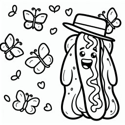 Fröhlicher Snack – Tags: Hotdog, Schmetterling, Cartoon, Ausmalen, Kinder.