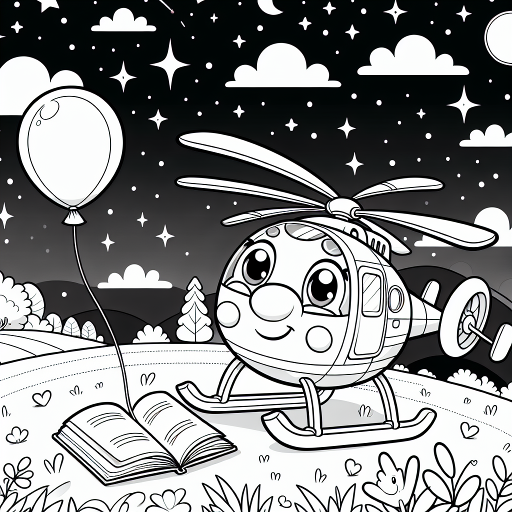 Fröhlicher Hubschrauberabenteuer - Hubschrauber, Ballon, Abenddämmerung, Sommerwiese, Sterne