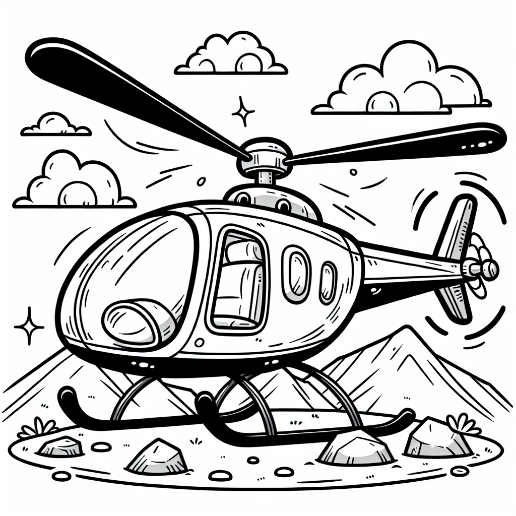 **Willkommen in der Welt der Hubschrauber!**

Tauche ein in das Abenteuer, den niedlichen Hubschrauber in unserem Malbuch auszumalen. Der Hubschrauber sitzt still wie ein mutiger Held auf einem Felsen und wartet darauf, von deinen bunten Farben zum Leben erweckt zu werden. Mit seinen klaren schwarzen Linien kannst du deiner Fantasie freien Lauf lassen und den Himmel in den schönsten Farben erstrahlen lassen!

Der Rotor des Hubschraubers dreht sich schnell, wenn er fliegen möchte. Stell dir vor, wie er in den Himmel aufsteigt und auf einem Landeplatz wieder sicher landet. Vielleicht ist dieser Hubschrauber auf einer spannenden Rettungsmission unterwegs und braucht deine Hilfe, um farbenfroh und auffällig zu sein! Welche Farbe wird seine Kabine haben? Und welchen Ton wählst du für die Rotoren? Viel Spaß beim kreativen Ausmalen!

**Mini-Quiz:**

1. Wo sitzt der Hubschrauber in unserem Bild?
   - a) Auf einem Baum
   - b) Auf einem Felsen
   - c) Im Wasser

2. Was dreht sich am Hubschrauber, damit er fliegen kann?
   - a) Die Räder
   - b) Der Rotor
   - c) Die Türen

3. Welche Mission könnte der Hubschrauber haben?
   - a) Urlaub machen
   - b) Eine Rettung durchführen
   - c) Einkaufen gehen