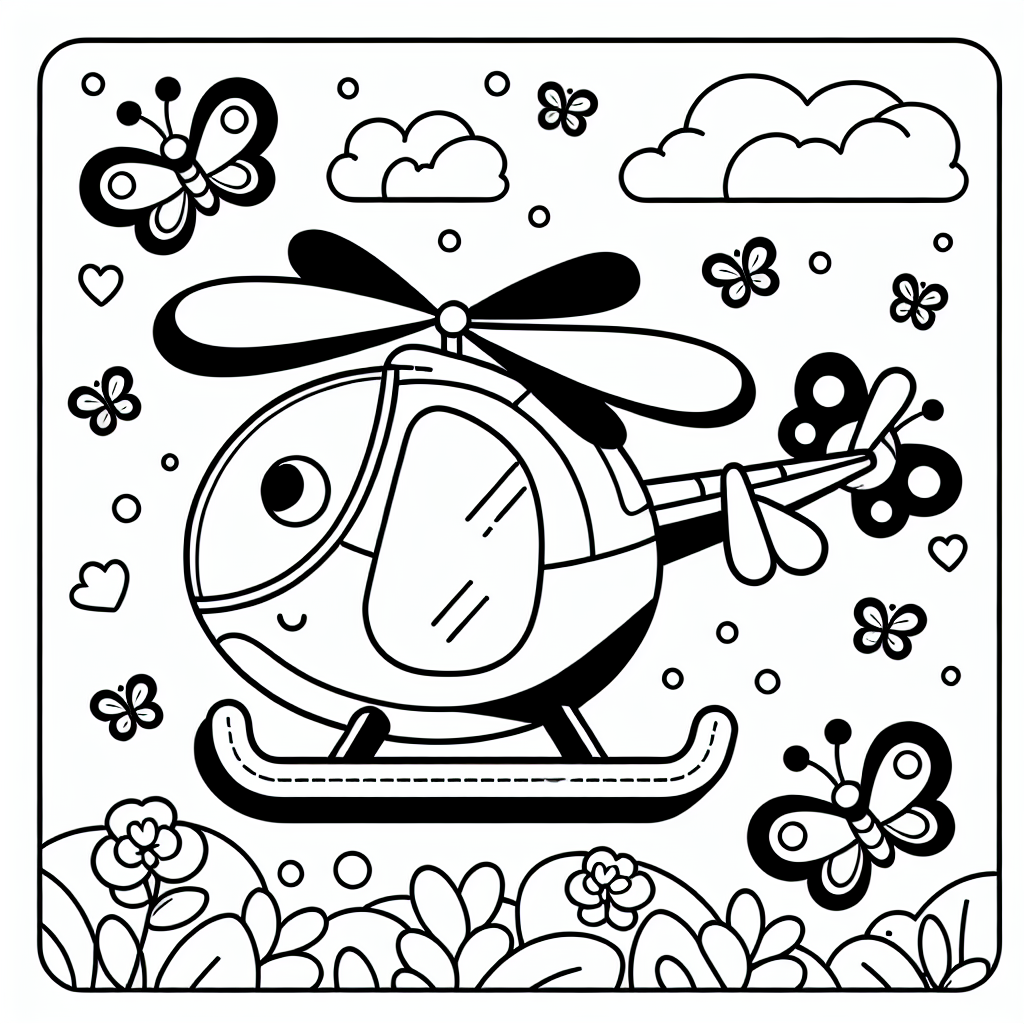 Willkommen zu einem himmlisch-lustigen Malabenteuer! Hier erwartet euch ein fröhlicher Hubschrauber, der ein besonderes Accessoire trägt - einen Hut voller flatternder Schmetterlinge! Dieses Bild bringt Spaß und Kreativität in eure Ausmalstunde. Mit seinen klaren, schwarzen Linien und großen Formen ist es perfekt für kleine Künstlerhände, und ihr könnt euch ganz auf das Ausmalen konzentrieren, ohne euch über Schattierungen oder Texturen den Kopf zu zerbrechen.
Lasst eurer Fantasie freien Lauf: Vielleicht ist der Rotor des Hubschraubers knallrot und der Hut kunterbunt wie ein Regenbogen! Die Schmetterlinge könnten in allen Farben des Himmels schimmern - lila, gelb oder grün. Vielleicht fliegt der Hubschrauber gerade auf eine Rettungsmission und landet auf einem Blumen-Landeplatz?
Malt den Himmel in eure Lieblingsfarbe und stellt euch vor, wie der lustige Hubschrauber fröhlich durch die Lüfte surrt. Vielleicht gibt es noch ein paar Wölkchen im Hintergrund, die den Himmel noch lebendiger machen. Was für ein schöner Anblick!
Einfach die Farben auswählen und der Fantasie freien Lauf lassen - der Hubschrauber-Hut-Spaß kann beginnen!