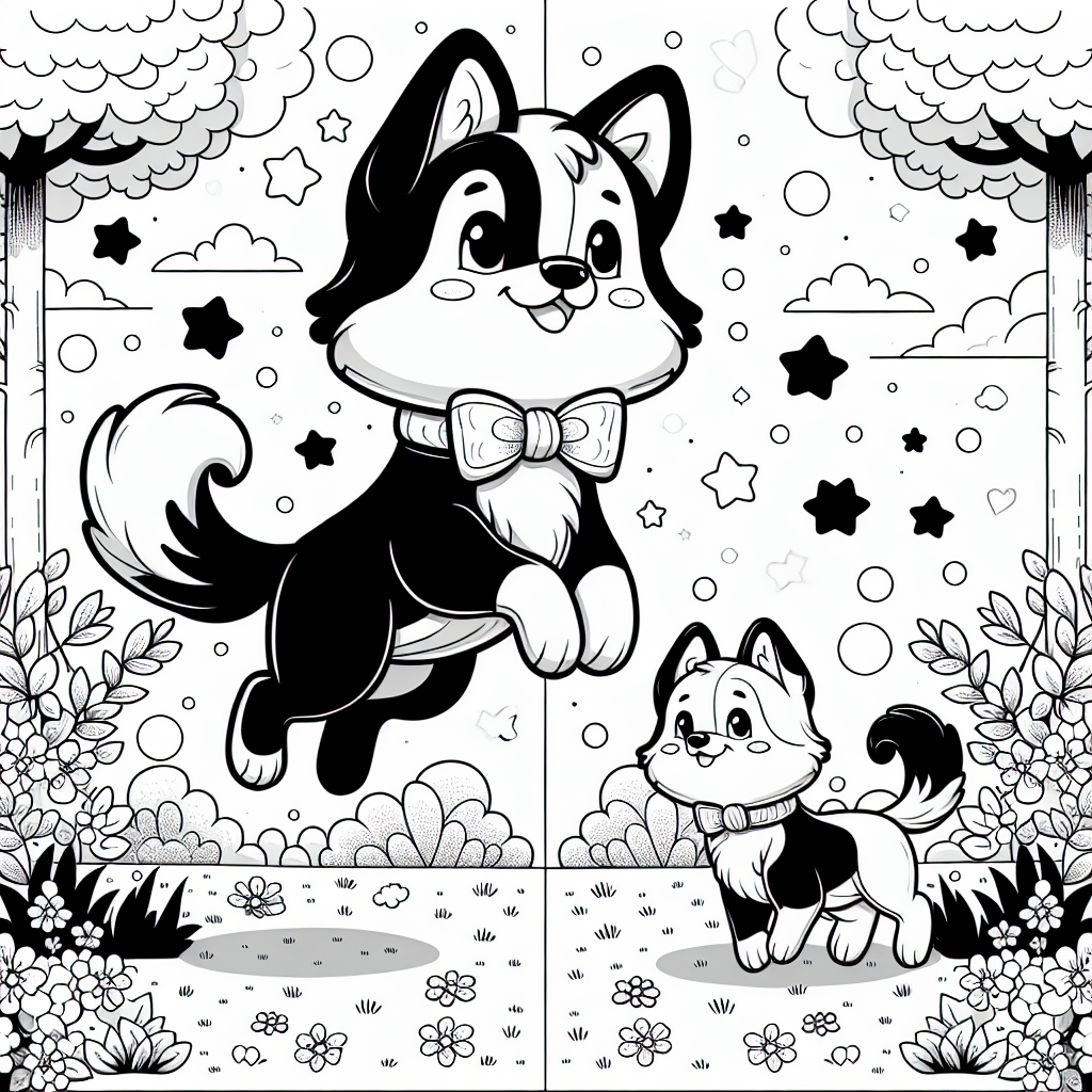 Springender Hund im Morgenlicht - Hundeausmalbild, Frühlingsgarten, spielende Hunde, Ausmalspaß für Kinder