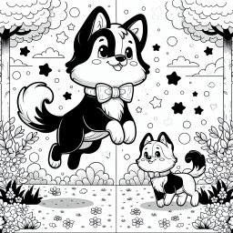 Springender Hund im Morgenlicht - Hundeausmalbild, Frühlingsgarten, spielende Hunde, Ausmalspaß für Kinder