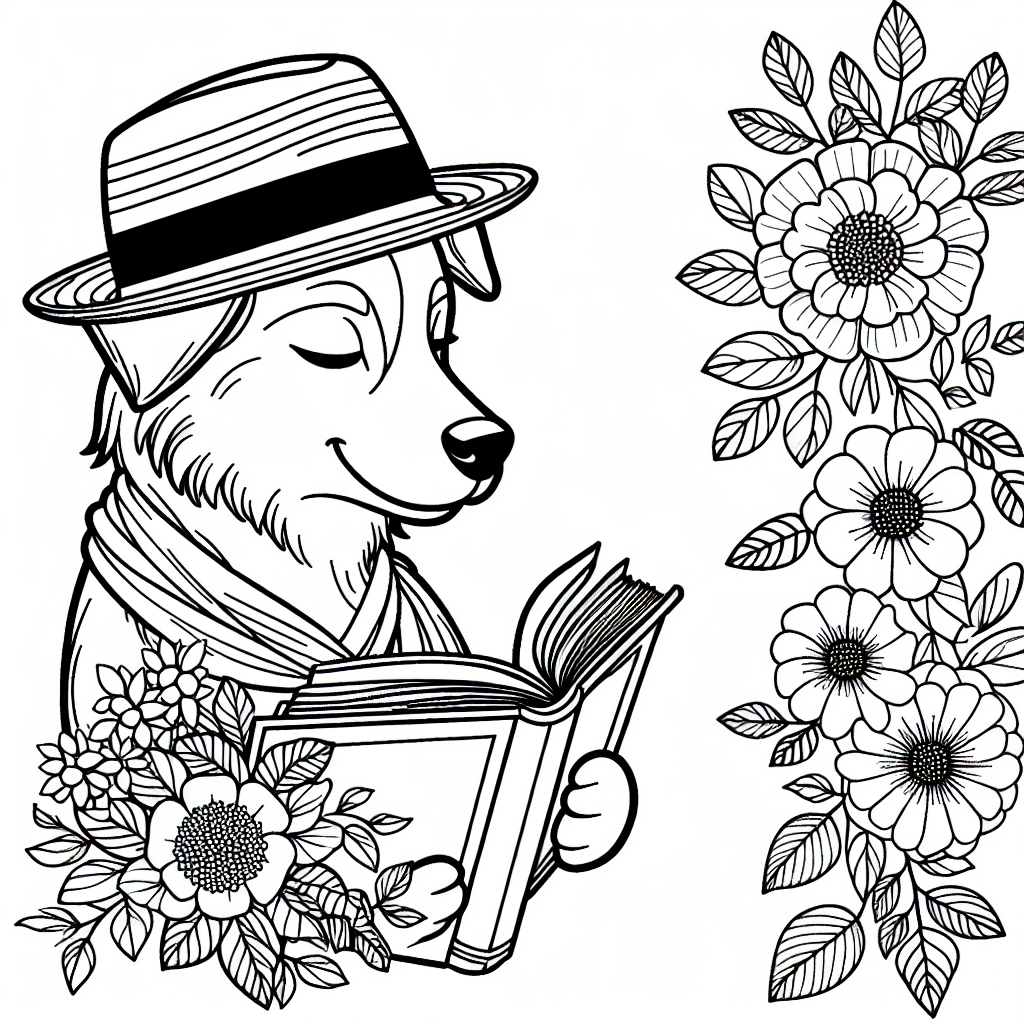 Leselustiger Pfotenfreund - Malvorlage, Hund, Blumen, Ausmalen, Freundschaft