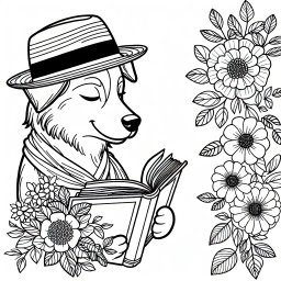Leselustiger Pfotenfreund - Malvorlage, Hund, Blumen, Ausmalen, Freundschaft