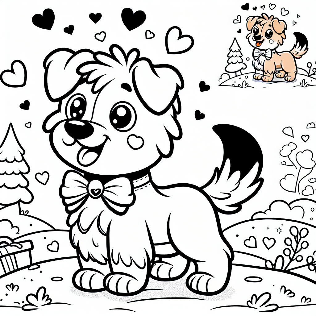 Winkernder Hund mit Schleife - Hund, Winterspaß, Ausmalbild, Freundschaft, Geschenk