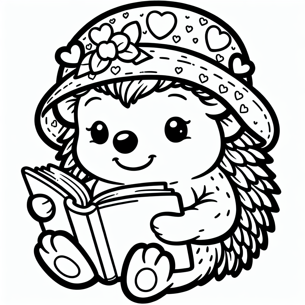 Herziger Buchigel - Tags: Igel, Herzchenmütze, Ausmalbild, Kinder, Kreativität.