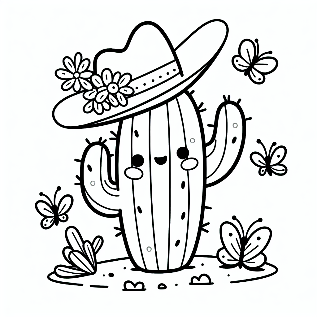 In der trockenen, sonnigen Wüste lebte ein schräger Kaktus namens Spike. Spike war kein gewöhnlicher Kaktus - er trug einen coolen, bunten Sombrero, der ihn überall in der Wüste bekannt machte. Eines Tages kam ein freundlicher Schmetterling namens Flit vorbeigeflogen und setzte sich auf Spikes Sombrero, um sich auszuruhen.
„Warum trägst du einen Hut, Spike?“, fragte Flit neugierig. Spike kicherte und entgegnete: „Na, um meine Stacheln vor der Sonne zu schützen und mich ein bisschen schick zu fühlen!“ Die beiden lachten und Flit bemerkte die wunderschönen Blüten, die Spike trug. „Eins ist sicher“, sagte Flit, „du hast nicht nur die coolste Kopfbedeckung, sondern auch die schönsten Blüten in der ganzen Wüste.“
Während du Spike und Flit ausmalst, denke daran: Kakteen brauchen kaum Wasser, um zu überleben, und speichern es in ihren dicken Körpern. Verwende kräftige Grüntöne für Spikes Körper und kreiere bunte Schattierungen für seinen Sombrero und die Blüten. Vergiss nicht, den Schmetterling mit den hellsten Farben erstrahlen zu lassen!
Mache Spikes Topf mit einem schönen Muster besonders lebendig, als wäre es ein Kunstwerk. Viel Spaß beim Ausmalen und erwecke die Wüste zum Leben!