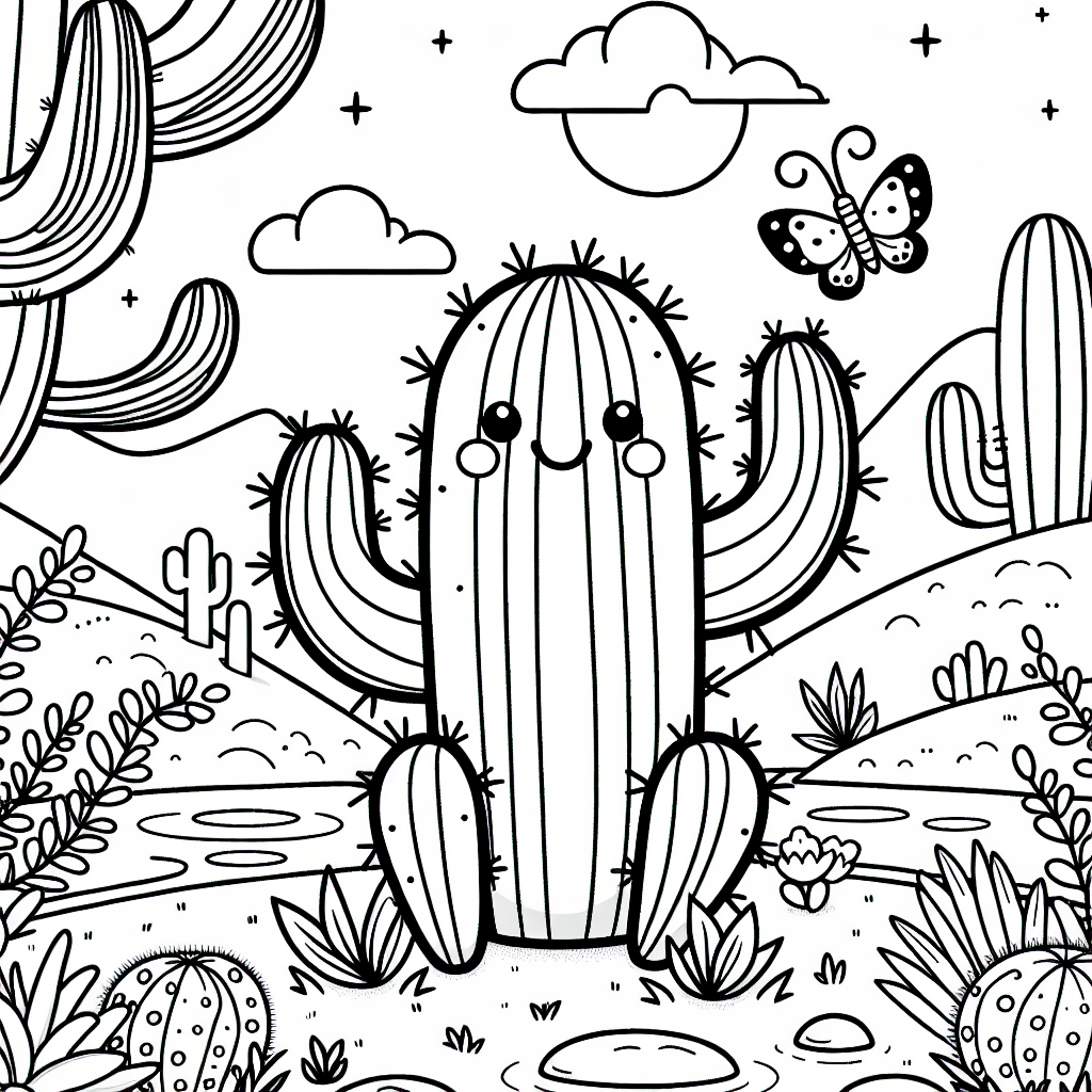 Lustiger Kaktus im Wüstenwind - Fröhlicher Kaktus, Abenddämmerung, Ausmalbild Kinder, Wüstenpflanzen, Buntstifte
