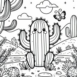 Lustiger Kaktus im Wüstenwind - Fröhlicher Kaktus, Abenddämmerung, Ausmalbild Kinder, Wüstenpflanzen, Buntstifte
