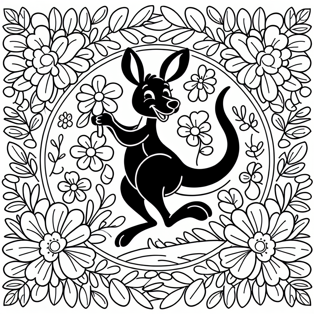 Freches Blumen-Känguru - #Känguru #Ausmalbild #Kreativität #Kinderkunst #CartoonStil