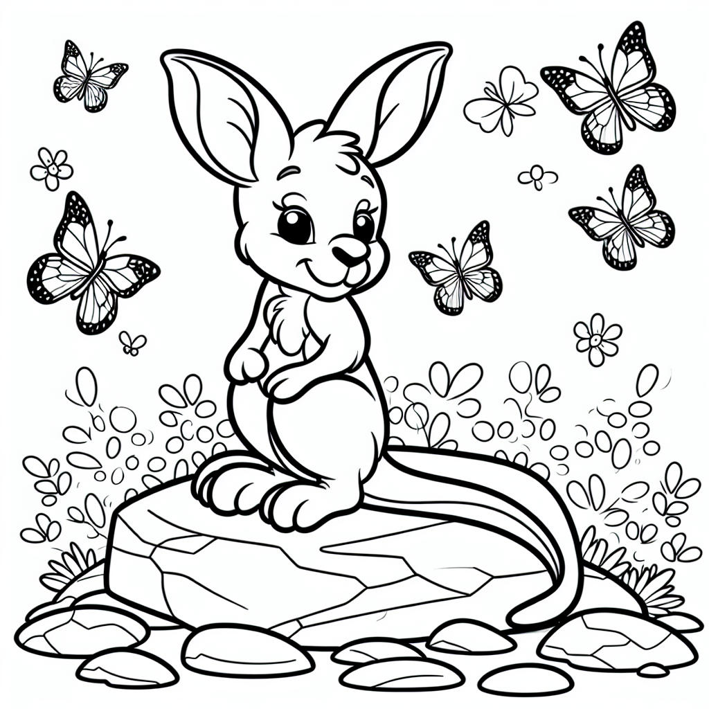 Freudiges Hüpfspiel - Tags: Känguru, Schmetterlinge, Ausmalbild, Kinder, Kreativität