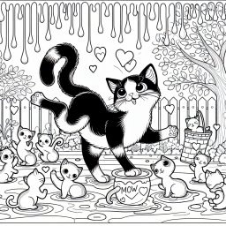 Tanzende Katze auf Herbstabenteuer - Katze tanzt, Herbstspielplatz, Herzverzierter Zaun, Neugierige Kätzchen