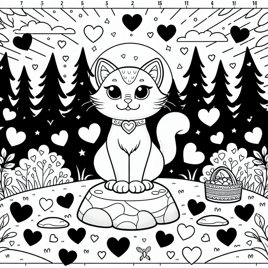 Rasante Rennkatze - Katze, Ausmalbild, Sommerabend, Waldszene, Herzanhänger