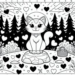 Rasante Rennkatze - Katze, Ausmalbild, Sommerabend, Waldszene, Herzanhänger, Tannenbäume, Picknickkorb