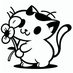 Fröhliche Blumenkatze – Tags: Katze, Ausmalbild, Blume, Cartoon, Kreativ