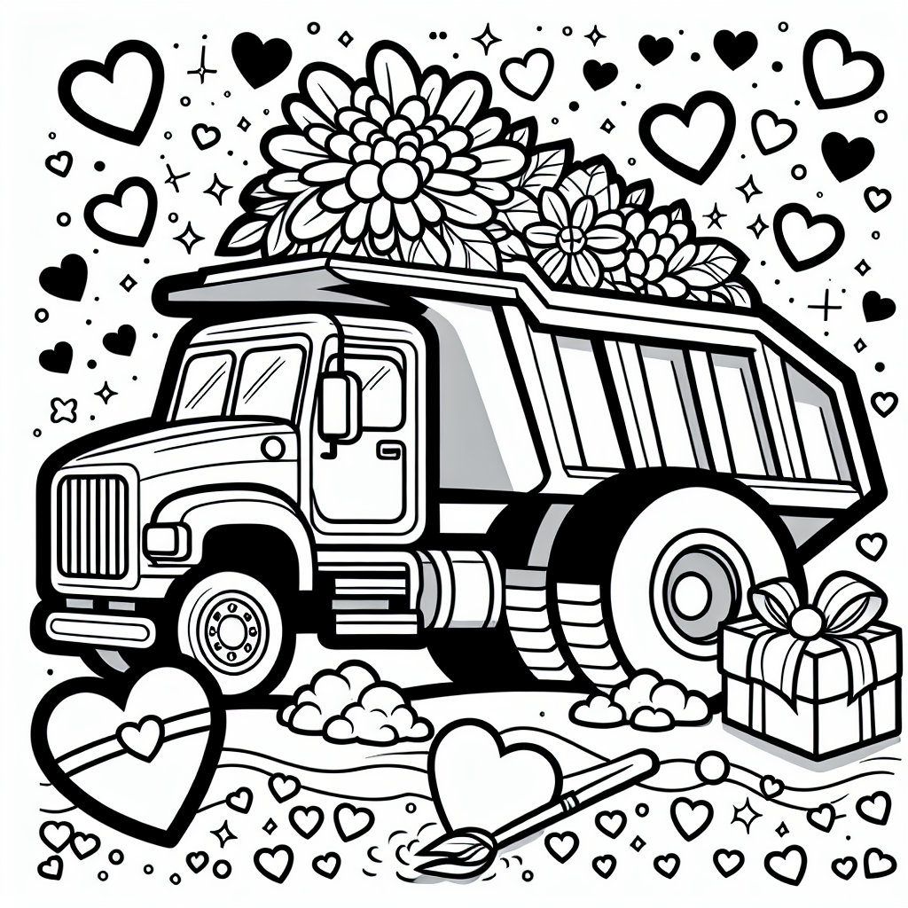 Tauche ein in die bunte Welt dieses fröhlichen Kipplasters! Stell dir vor, er steht auf einer sonnigen Wiese und winkt dir mit seinem großen, lachenden Gesicht zu. Heute hat er eine besondere Aufgabe: Er transportiert keine gewöhnliche Ladung, sondern eine wunderschöne, duftende Blume. Diese Blume hält er sanft in seiner robusten Kippe, während er von vielen kleinen, herzförmigen Wolken umgeben ist, die seine Freude und Freundschaft symbolisieren.

Nun das geheime Geheimnis: Dieser Kipplaster hat eine magische Fähigkeit! Wenn er auf der Baustelle fährt, kann er nicht nur Schüttgut wie Sand und Steine transportieren, sondern auch Farben verteilen. Ja, du hast richtig gelesen! Sobald seine Kippe sich hebt, fliegen nicht nur Blumen, sondern auch bunte Farben durch die Luft und lassen alles um sich herum leuchten.

Während du sein Bild ausmalst, kannst du überlegen, welche Farbe du für die Blume wählen möchtest und welche Überraschungen in seiner Kippe auf dich warten könnten. Vielleicht magst du seine Räder in Regenbogenfarben strahlen lassen oder den Fahrer in einem lustigen Kostüm ausmalen!