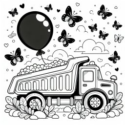 Fröhlicher Kipperflug – Tags: #Kipplaster #Baustelle #Farbenfreude #Abenteuer #Ausmalbild