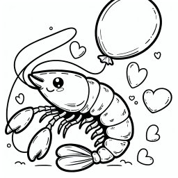 Verspielter Herzshrimp – Tags: Shrimp, Meer, Ausmalbild, Herzballon, Strandabenteuer