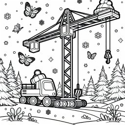 Kühner Kran im Winterwunderland - Kran im Winterland, schneebedeckte Baustelle, Abenteuer mit Schmetterlingen, winterliche Abenddämmerung