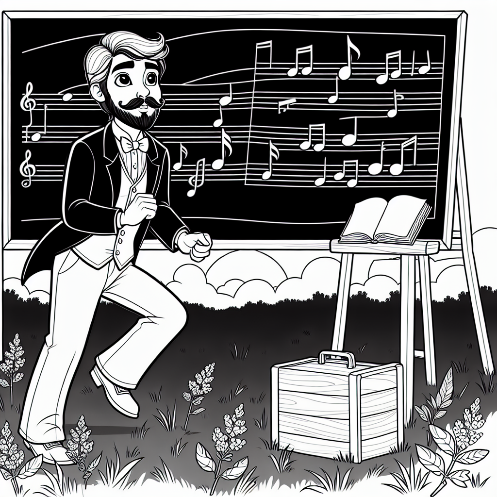 Fröhlicher Lehrer im Frühlingshüpfen - Lehrer, Musikstunde, Schultafel, Frühlingserwachen, Abenddämmerung