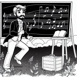 Fröhlicher Lehrer im Frühlingshüpfen - Lehrer, Musikstunde, Schultafel, Frühlingserwachen, Abenddämmerung