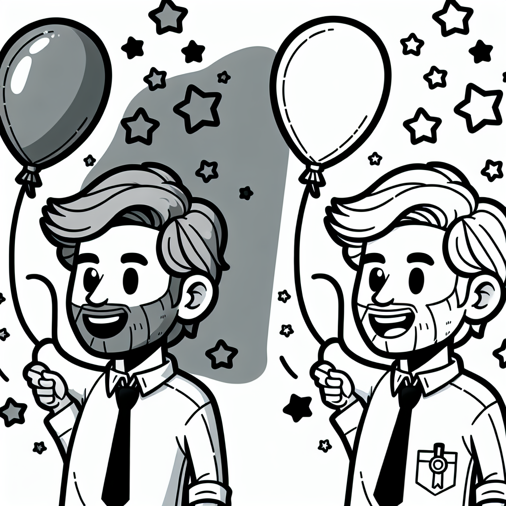 Entdecke das geheime Lächeln des glücklichen Lehrers! Dieser freundliche Lehrer ist umgeben von einem fliegenden Luftballon und vielen kleinen Sternen, die darauf warten, von dir in leuchtenden Farben bemalt zu werden. Weißt du, warum der Lehrer so fröhlich lächelt? Nun, das Geheimnis ist, dass er gerade eine tolle Unterrichtsstunde hinter sich hat, in der die ganze Klasse gelernt hat, wie man ein eigenes kleines Sternenlabyrinth aus Kreide auf die Tafel malt!
Während der Unterrichtsstunde haben die Schüler spannende Geschichten über die Sterne im Universum gehört und gelernt, wie wichtig Bücher sind, um Wissen zu entdecken. Zwischendurch hat der lustige Lehrer ein Gedicht über Sterne vorgetragen - das hat alle zum Schmunzeln gebracht!
Jetzt, nach dem Unterricht, hält er stolz seinen Luftballon in der Hand als Belohnung für die tolle Arbeit der Klasse. Du kannst all diese Details zum Leben erwecken, indem du deine Lieblingsfarben nutzt, um dem Bild Persönlichkeit zu verleihen. Vielleicht wird der Luftballon rot und die Sterne leuchten in allen Regenbogenfarben!
Viel Spaß beim Ausmalen!