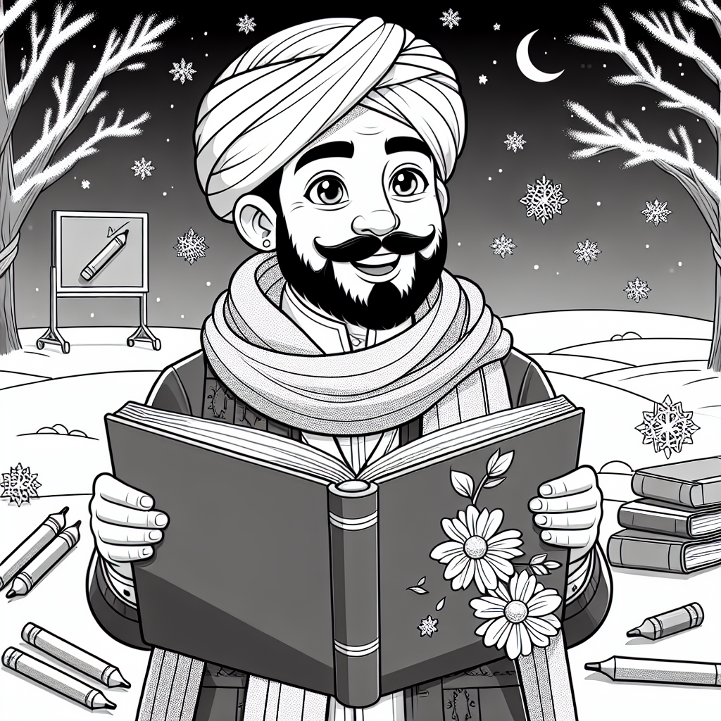 Fröhlicher Lehrer im Bücherpark - Lehrer, Winterlandschaft, Lesen, Kreativität fördern, Bildung