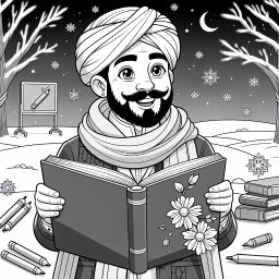 Fröhlicher Lehrer im Bücherpark - Lehrer, Winterlandschaft, Lesen, Kreativität fördern, Bildung