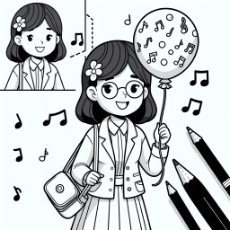 Fröhlicher Notenlehrer - Tags: Lehrerin, Musik, Ausmalbild, Cartoon, Kreativität