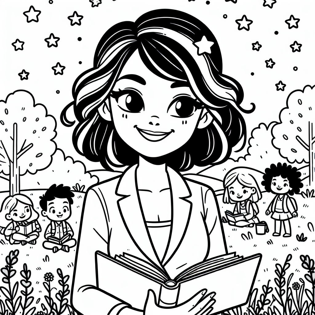 Lesende Lehrerin im Sternenfeld - Herbstmorgen, Lesen im Freien, fröhliche Klasse, Buchabenteuer, Schulspaß