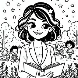 Lesende Lehrerin im Sternenfeld - Herbstmorgen, Lesen im Freien, fröhliche Klasse, Buchabenteuer, Schulspaß