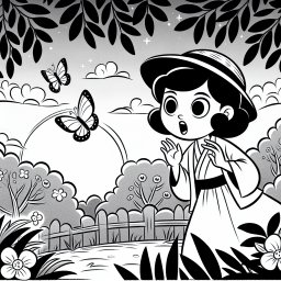 Springende Lehrerin voller Neugier - Frühling, Abenddämmerung, Schmetterlinge, Balancieren, Gartenspaß, Lehrerin staunt