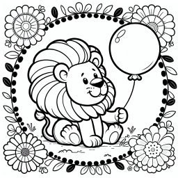 Verspielter Blumenwächter – Tags: Löwe, Ausmalbild, Kinder, Savanne, Kreativität.
