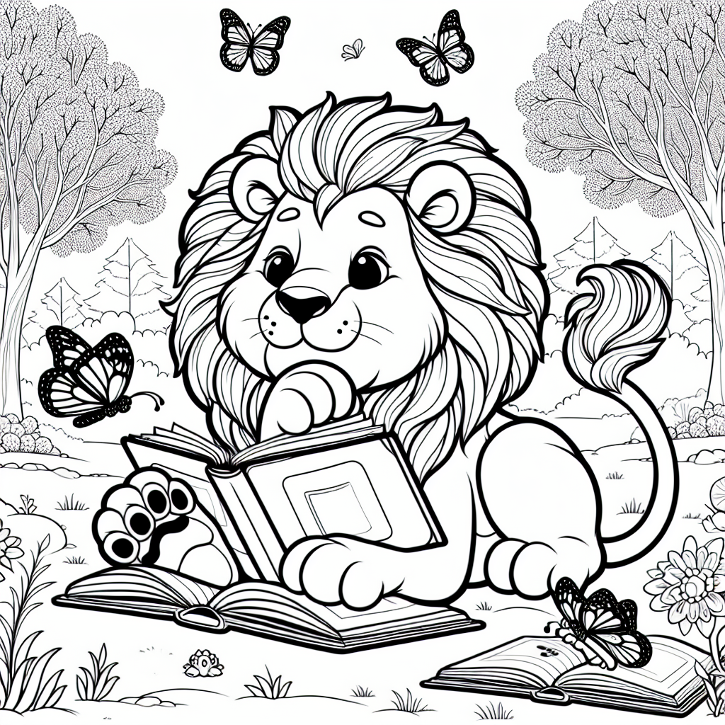 Lustiger Löwe lauscht - Löwe lesen Ausmalbild, Winterpark Motiv, farbenfrohe Schmetterlinge, kindgerechte Malvorlage