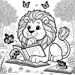 Lustiger Löwe lauscht - Löwe lesen Ausmalbild, Winterpark Motiv, farbenfrohe Schmetterlinge, kindgerechte Malvorlage