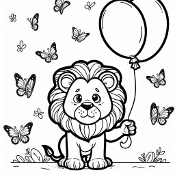 Neugieriger Ballonlöwe – Tags: #Löwe #Savanne #Mähne #Schmetterlinge #Ausmalbild
