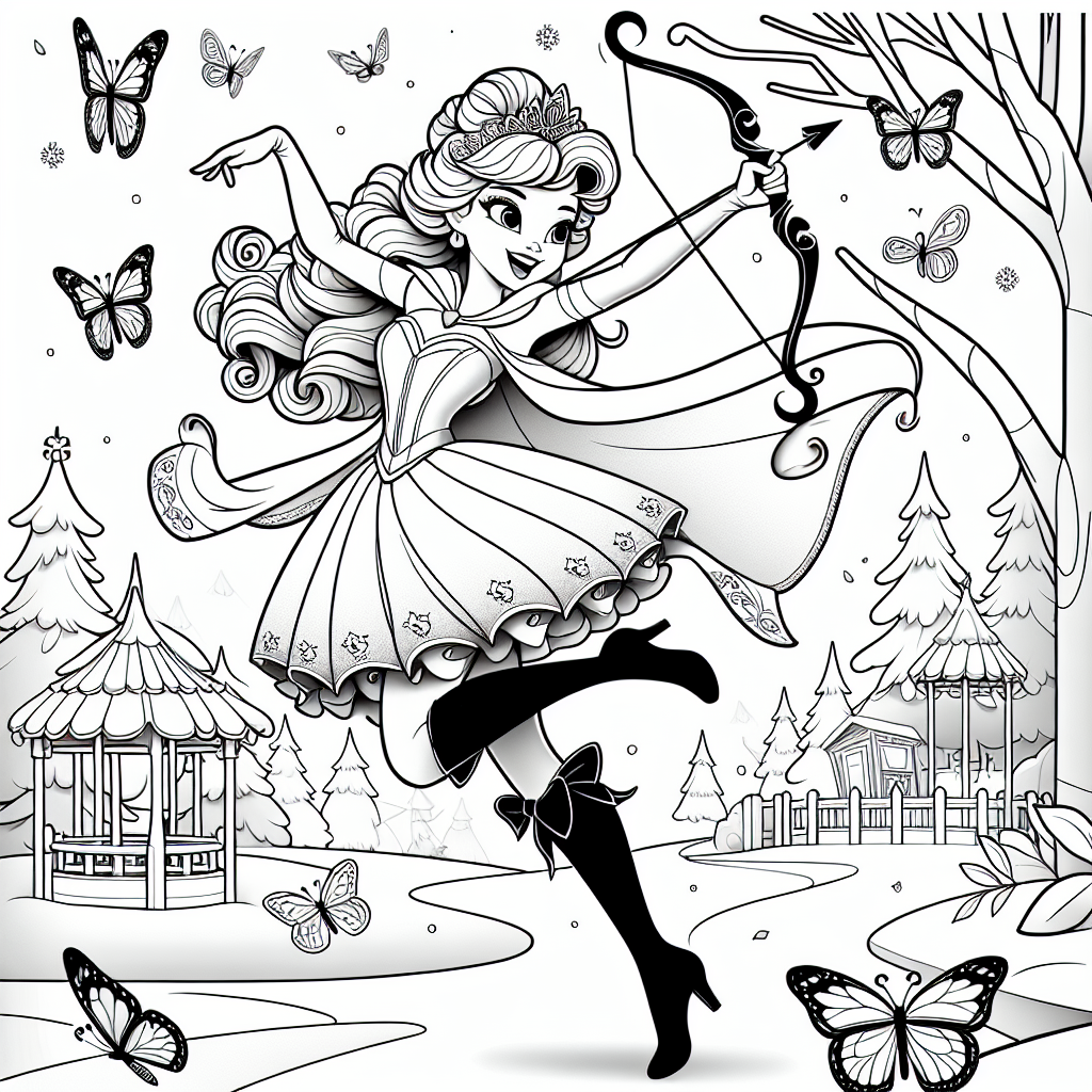 Fröhliches Märchen tanzt im Schnee - Prinzessin, Bogen und Pfeil, Winterspielplatz, Schleife im Haar, Märchenwald