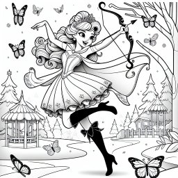 Fröhliches Märchen tanzt im Schnee - Prinzessin, Bogen und Pfeil, Winterspielplatz, Schleife im Haar, Märchenwald, Schmetterlinge balanciert auf Stein