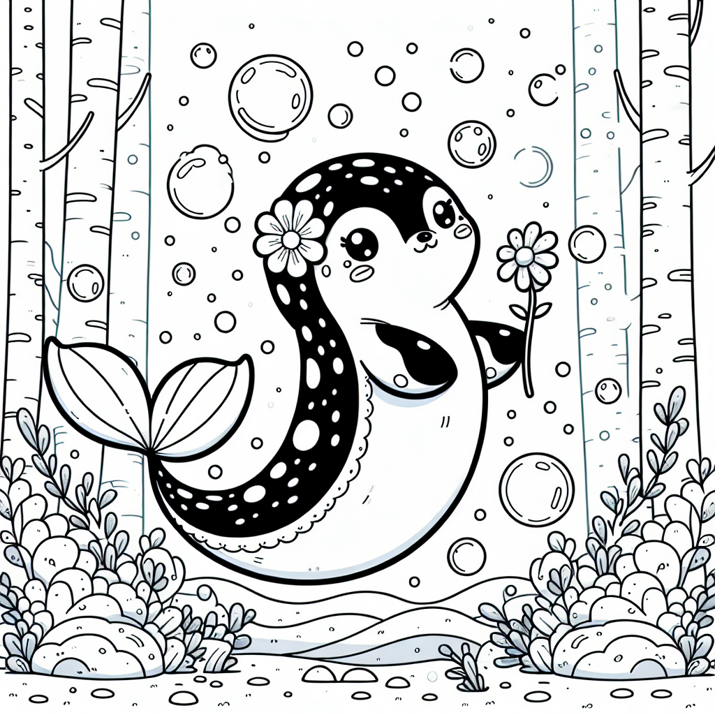 Tanzendes Meerestier im Blütenmeer - Meerestier, Frühlingstanz, Ausmalspaß, Pusteblumenfreude, bunte Blubberblasen