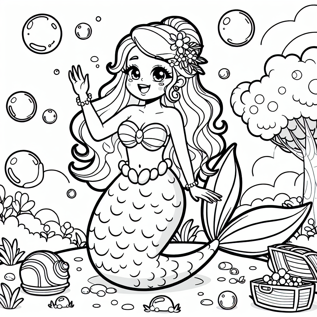 Fröhliche Meerjungfrau im Blütenmeer - Meerjungfrau, Frühling, Schatztruhe, Muscheln, Flosse