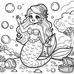 Fröhliche Meerjungfrau im Blütenmeer - Meerjungfrau, Frühling, Schatztruhe, Muscheln, Flosse, Unterwasserwelt