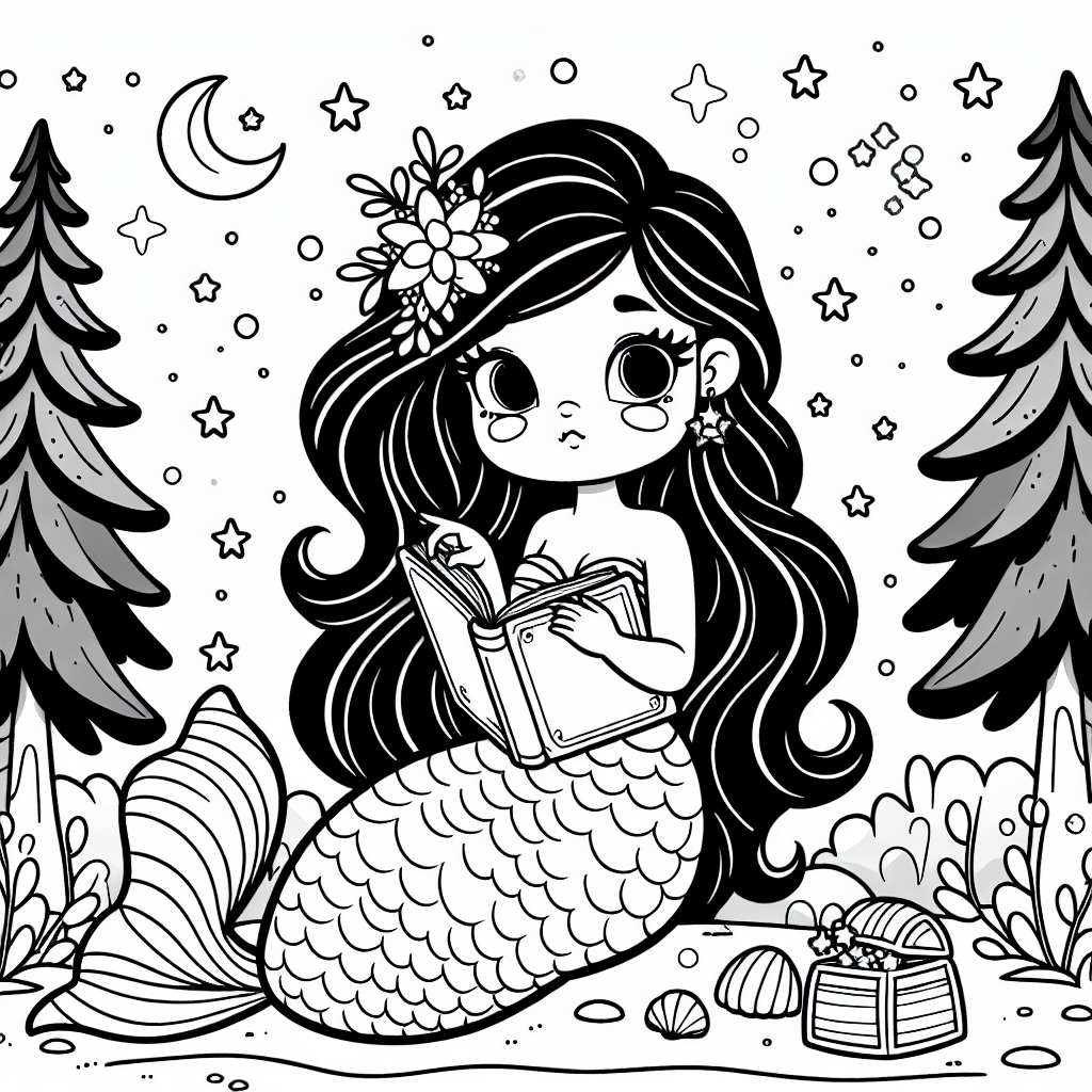 Lesefreude der Meerjungfrau - Meerjungfrau, Fischschwanz, Schatztruhe, Muscheln, Tannenbäume